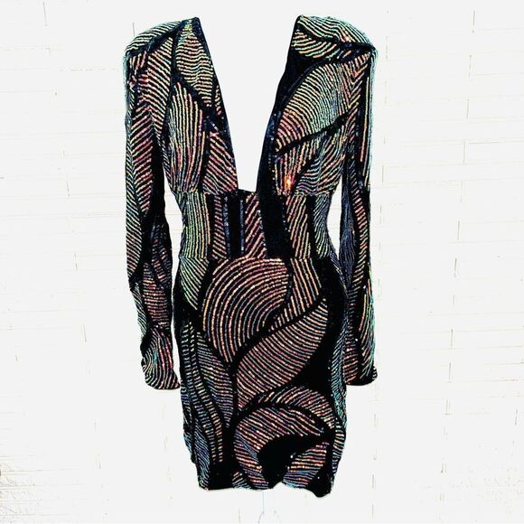 Love & Lemonade Black Deep V Neck Long Sleeve Party Mini Dress NWT Sequins LGE - Picture 1 of 11